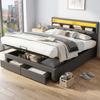 Cama Tapizada con Iluminación LED, Arcón Hidráulico, Cajones, Cabecero de Espuma Plegable, Doble Estructura de Acero, Lino, 180*200cm, Gris