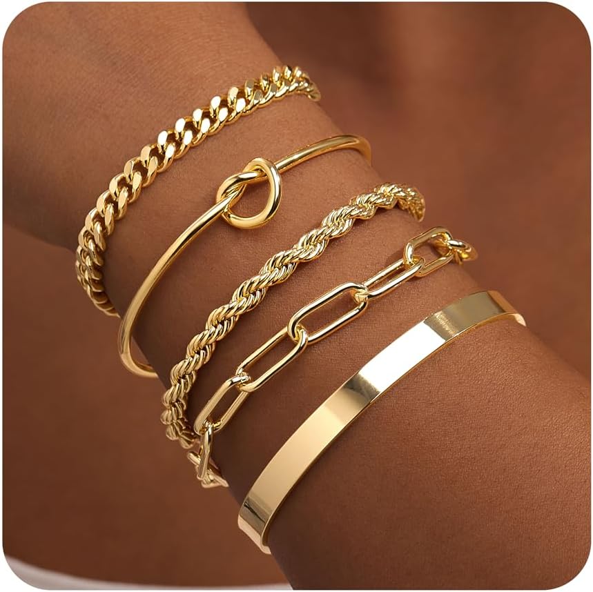 Gold Bracelets for Women Waterproof 14K Gold Plated Chunky Cuff Bangles Tie Knot Cuban Rope Paperclip Beaded Bracelet Stack Gift