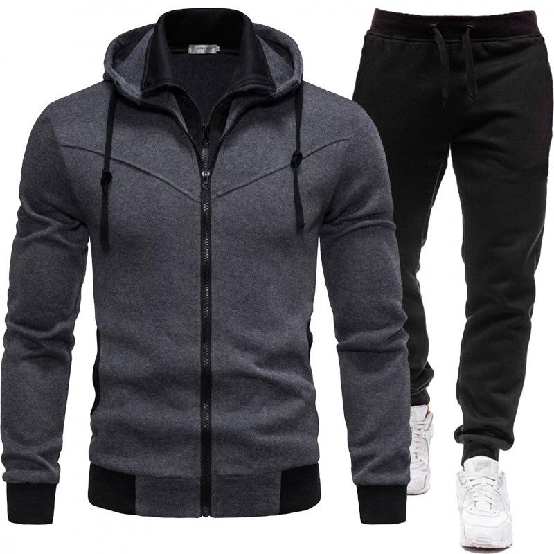 

2026 Men s Sporty Patchwork Hooded Jacket and Long Pants Set for Autumn/Winter M