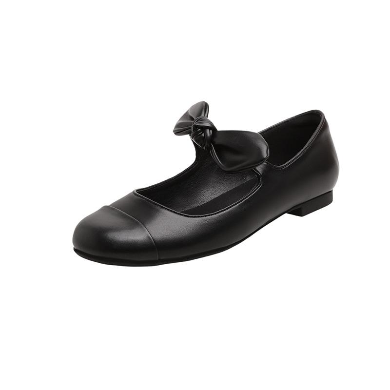 Cowhide 2025 Spring Bow Ballet Flats: Women's Genuine Leather Round Toe Mary Janes