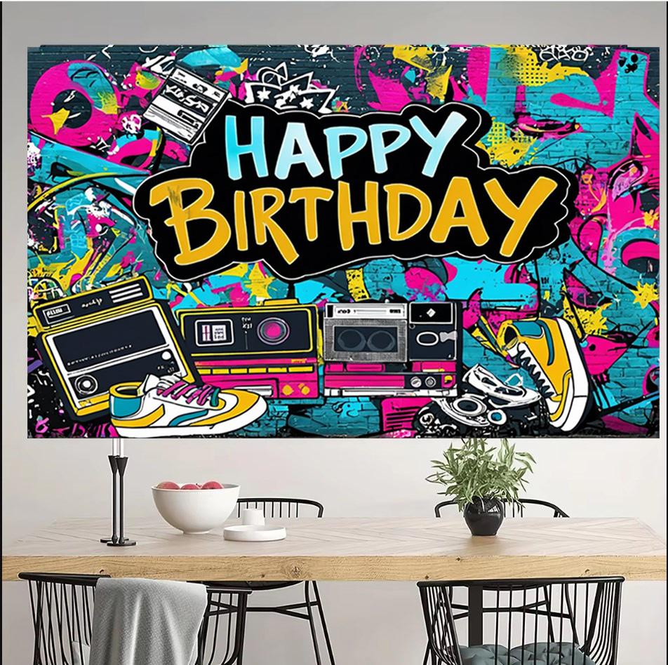 Retro Happy Birthday Backdrop Banner 180*110cm Vibrant Graffiti Guitar Design Urban Punk Theme Wall Decoration Photo Banner New