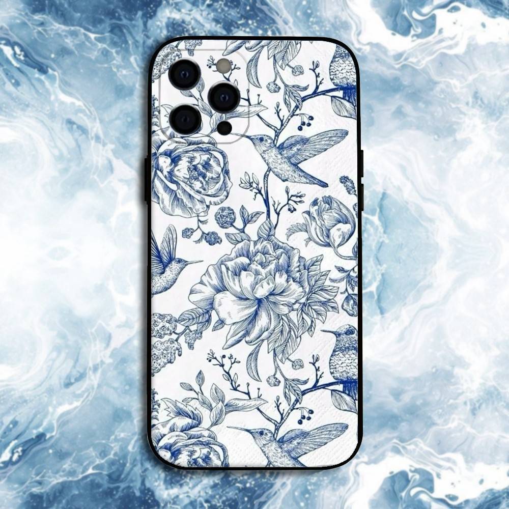 Blue white Porcelain Pattern Phone Case For iPhone17,16,15,14,13,12,11 Plus,Pro Max, Soft Silicone Black Cover