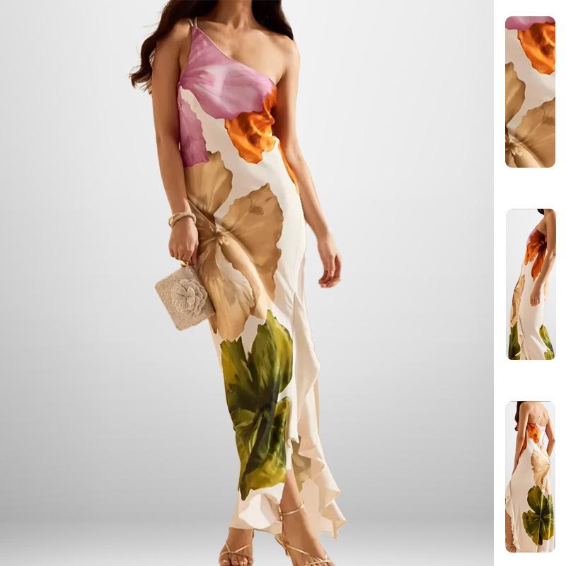 Damen Maxikleid mit einem Schulterträger, Blumendruck, asymmetrischer Saum, Schlitz, Lang, Mehrfarbig