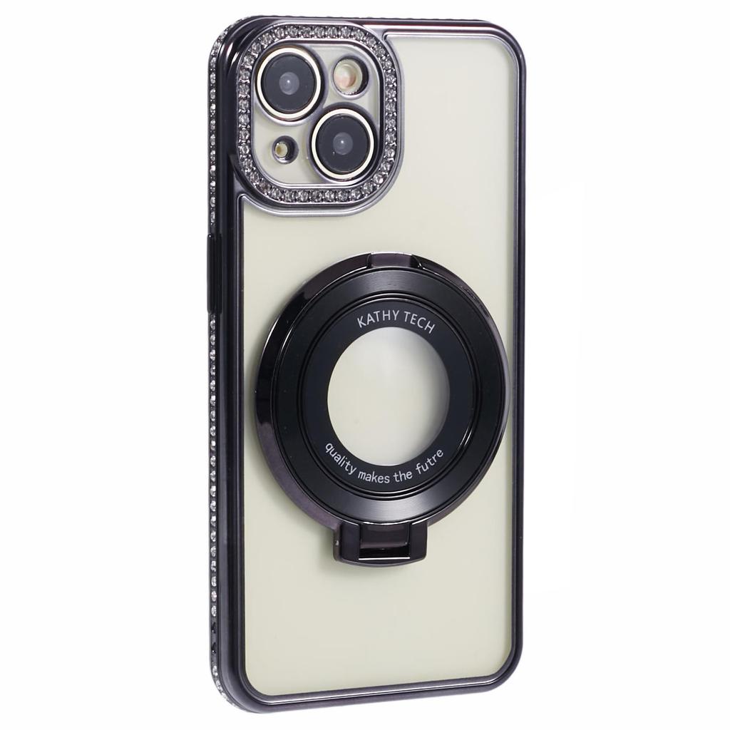 For iPhone 15 Case with Ring Kickstand TPU Anti-Dust Rhinestones Decor Protective Cover