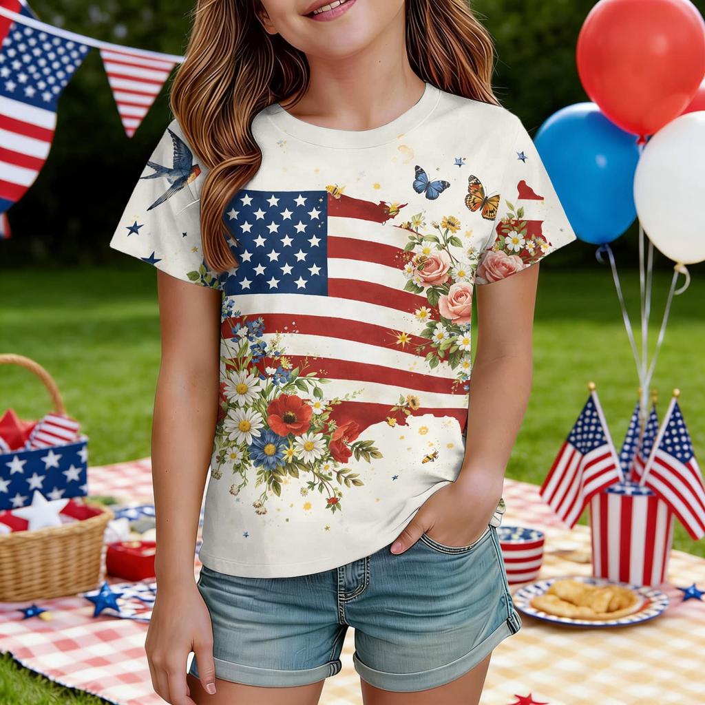 Kids Independence Day Print Round Neck Short Sleeve Casual T-shirt