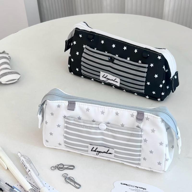 Korean Star Striped Print Large Pencil Case Multi-Layer High Capacity Stationery Pouch for Student School Desktop Storage