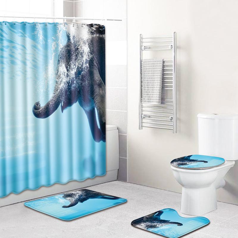 Elephant Lion Animal Shower Curtain Floor Mat Combination Set Toilet Carpet Shower Room Mat Foot Mat