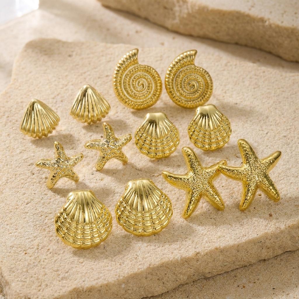 Summer CCB Starfish Seashell Conch Stud Earrings Set for Women Gold Color Star Geometric Earrings Trendy Seaside Beach Jewelry