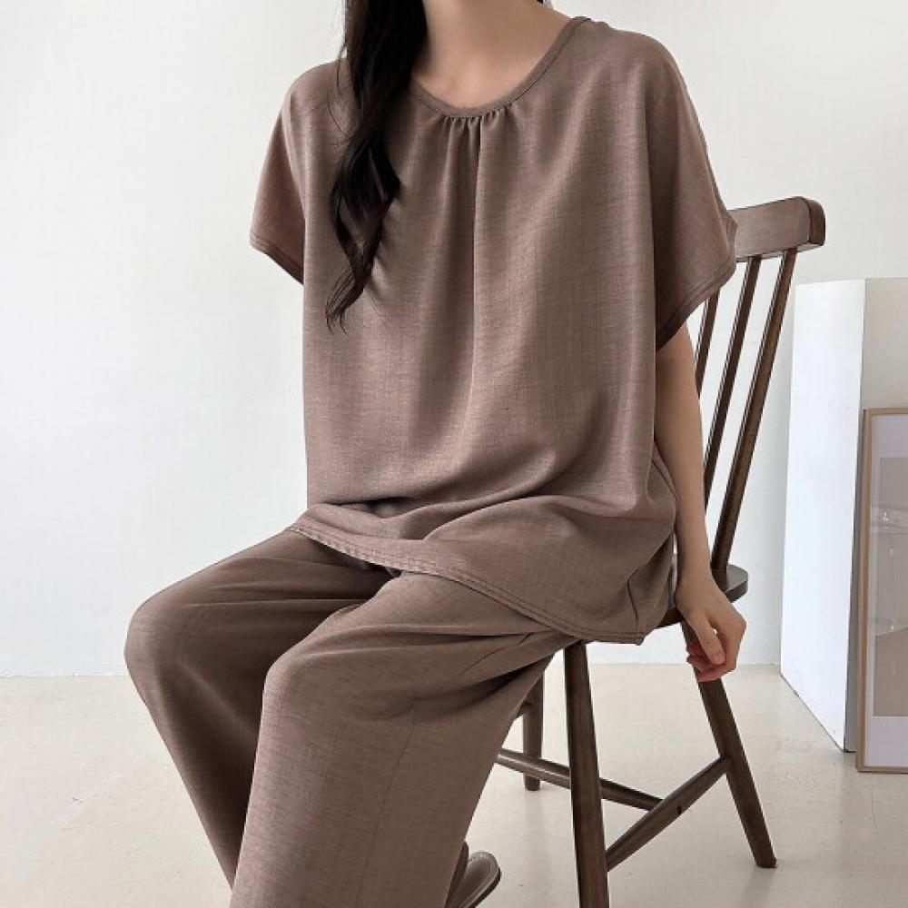 Shop Women Round Pleated Loose Fit Short Sleeve Blouse Wide Pants Set Ara wSet
