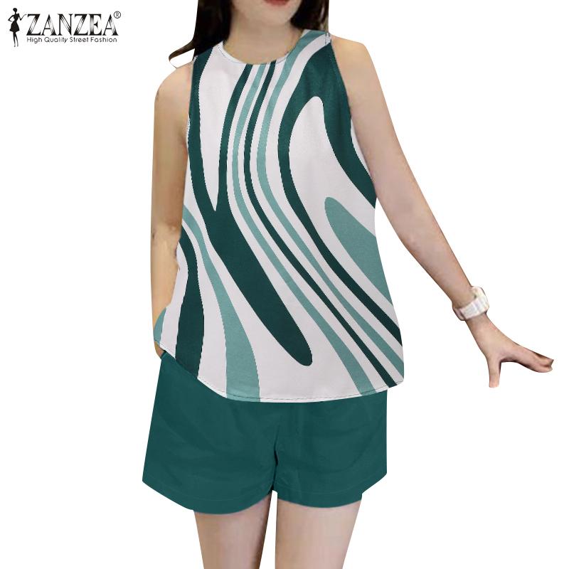 ZANZEA Women Print Tank Tops and Shorts Casual Two Piece Sets