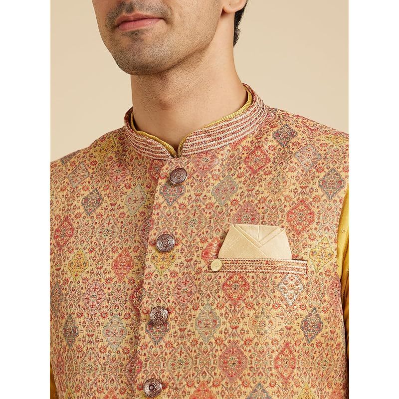 Manyavar Men s Brocade Printed Jacquard Weave Nehru Jacket (Fawn,S) S золотой