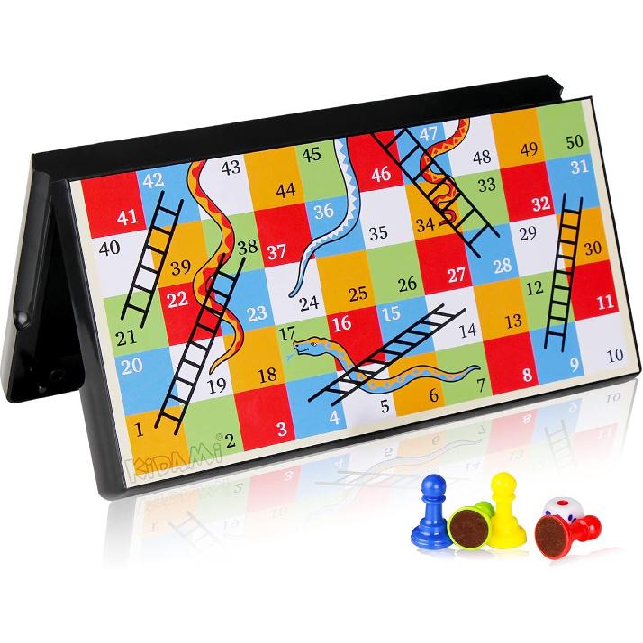 KIDAMI Magnetic Snakes and Ladders Game Set with Storage Box, Folding Design and Light-Weight, Gift for Kids and Adults (9.75 Inches)
