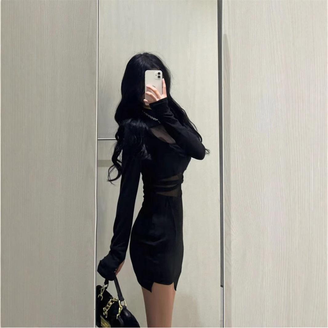 

Sexy and Hot Girl Micro-see-through Dress for Women s Spring and Autumn, New Style of Net Fabric Patchwork Pure and Mature Hip-hugging Dress XL чорний