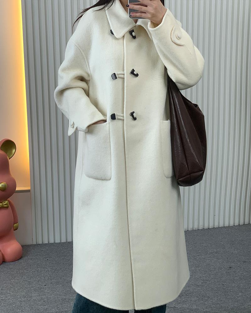 

New horn buckle double-sided cashmere coat double pocket slim-fit commuter woolen cashmere coat elegant S білий