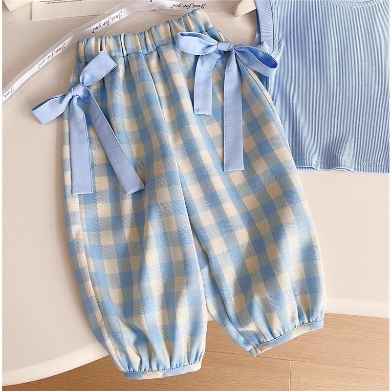 Summer Children's Blue Plaid Suit Sleeveless Top with Bow, Wide-leg Pants, and Crossbody Bag, Three-piece Set