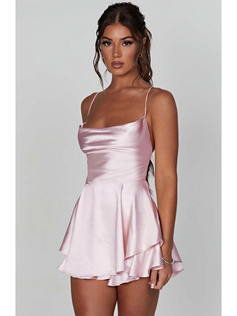 2025 Summer Sexy Pleated Backless Satin Camisole Dress for Women
