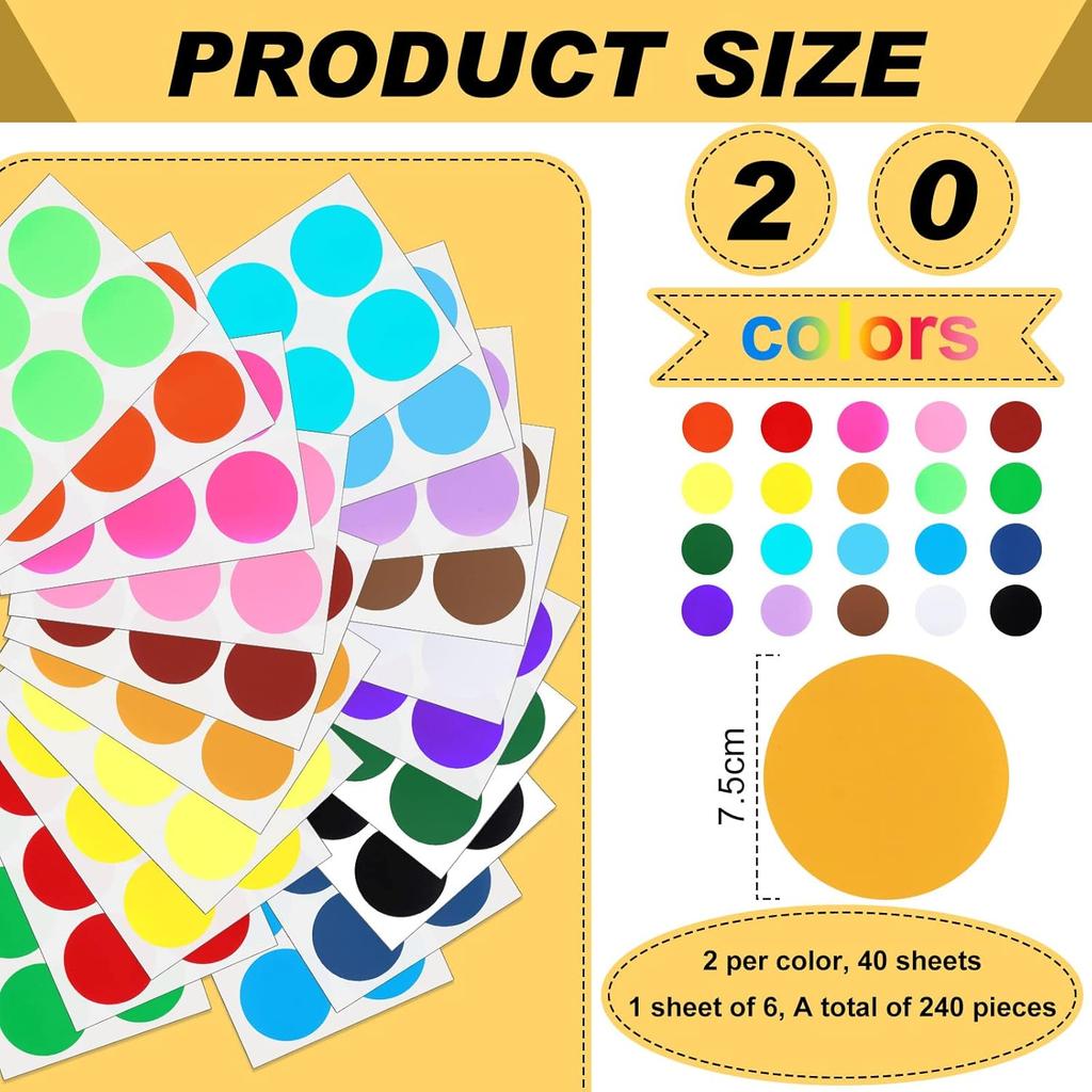 240 Pieces 3 Inch 20 Colors Colored Labels Circle Stickers Colored Dot Stickers Large Labels Coding Sticker Self Adhesive Dot Circle for Coloring