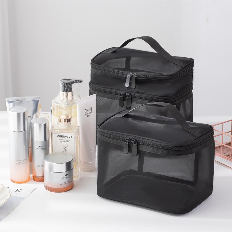 2025 Double Layer Large-Capacity Handheld Nylon Transparent Makeup Organizer Bag