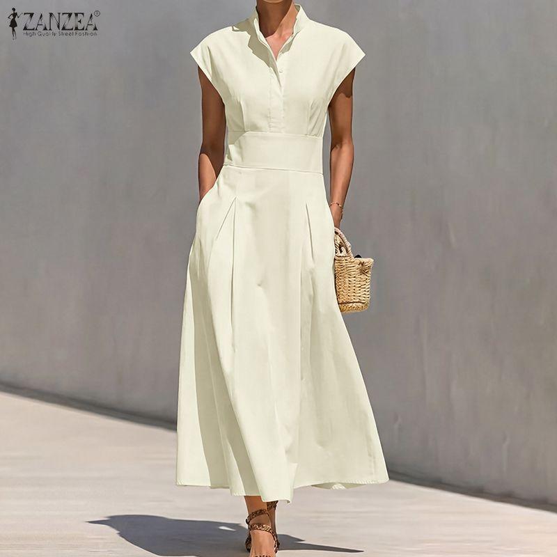 ZANZEA Abito da Donna Casual Elegante Senza Maniche a Collo Reversibile Monocolore