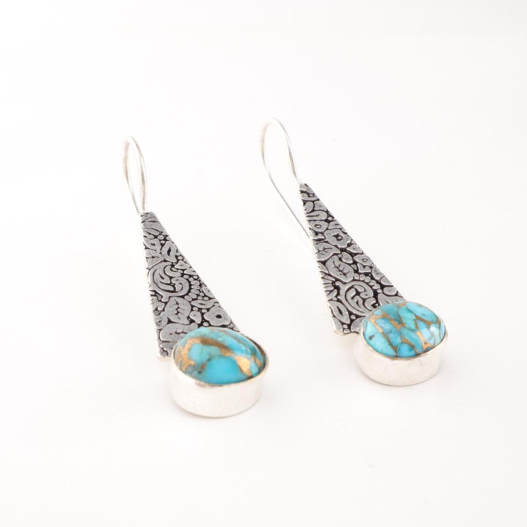 Natural Blue Copper Turquoise Gemstone 925 Sterling Silver Jewelry Earrings 1.9" EE-165-43
