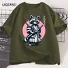Fight Me Coward Vintage Samurai Raccoon T Shirt Japanese Cat Funny Graphic T-shirt Cotton Short Sleeve O Neck Tees Mens Clothing