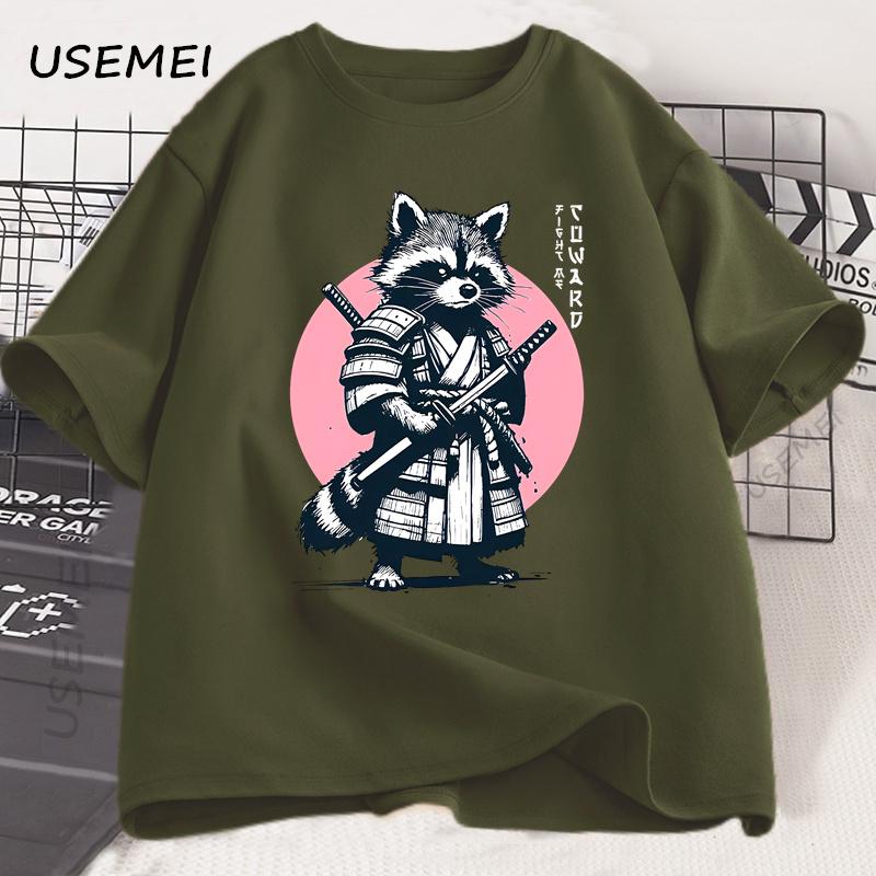 Fight Me Coward Vintage Samurai Raccoon T Shirt Japanese Cat Funny Graphic T-shirt Cotton Short Sleeve O Neck Tees Mens Clothing