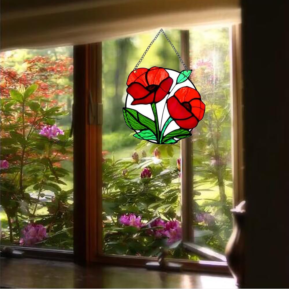 Red Flowers Stained Acrylic Window Hanging, Red Poppy Acrylic Window Decor Stained Panel Hangings Wall Art Decor for Easter All Seasons Home