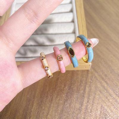 Macaronfärgad uppsättning, Färgad zirkon med droppolja, Fin öppen ring, Nischad design, Pekfingerring, Dammodell.