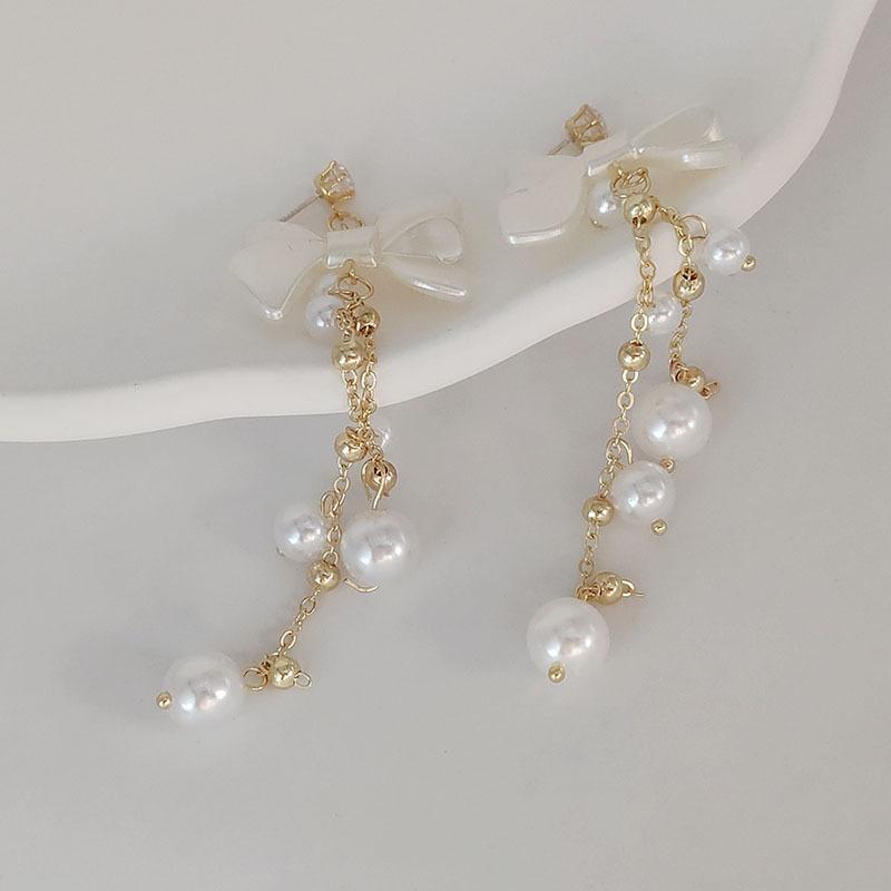 Korean Simple Imitation Pearl White Bowknot Long Tassel Earring for Women Personality Geometry Ear Jewelry Korean Fashion