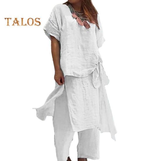 

Женский комплект из хлопка и льна, состоящий из двух предметов: короткий рукав, круглый вырез, завязка по бокам, верх и широкие брюки, повседневный комплект для отдыха