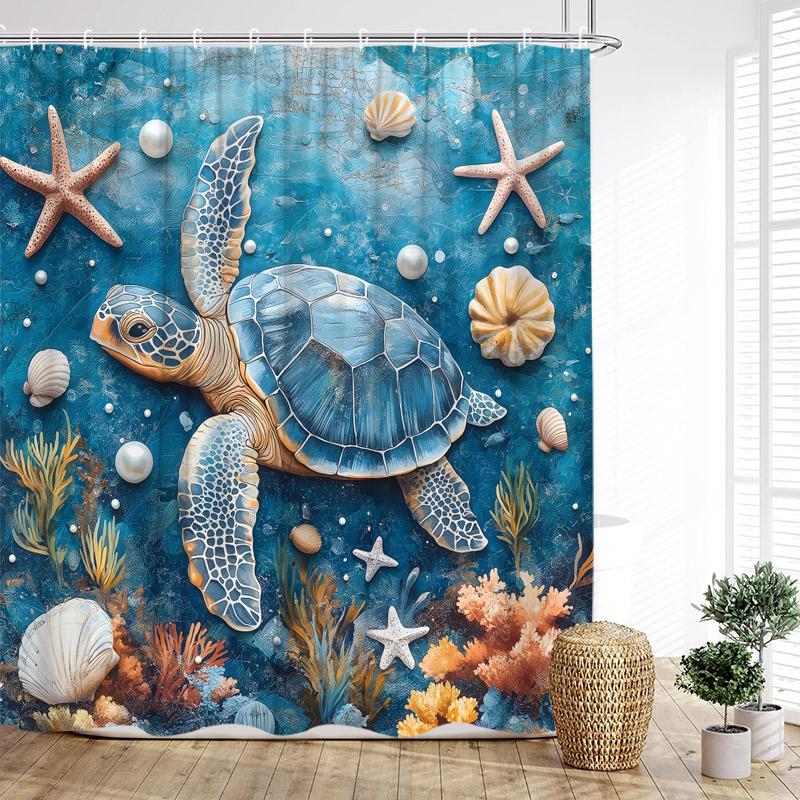 Beach Floral Conch Shower Curtains Watercolour Roses Flowers Starfish Seashells Ocean Waves Scenery Cloth Bathroom Curtain Decor