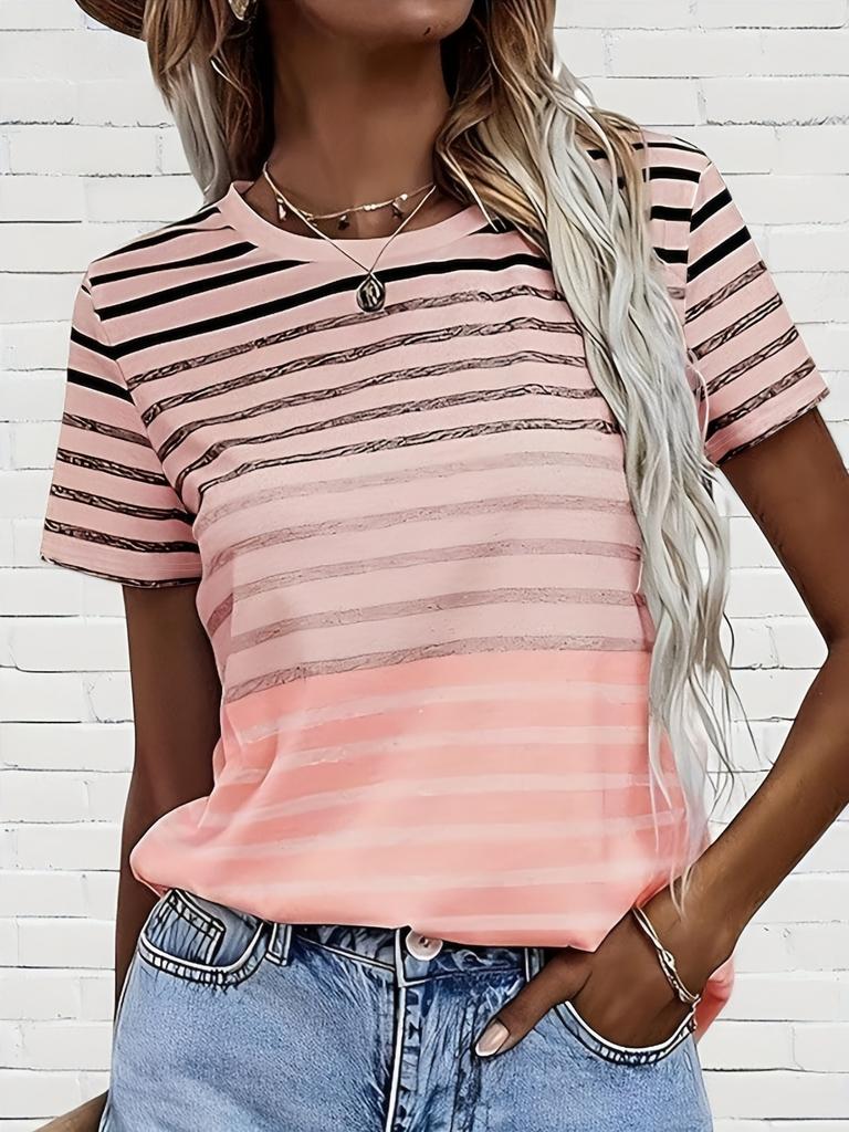 Women's T-shirt Casual Striped Print Short Sleeve Regular Top Round Neck Daily Short Sleeve T-Shirt