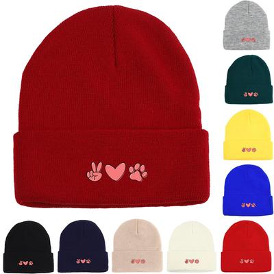 V Gestures Heart Dog Paw Print Print Knit Hat Beanie, Animal Man Cap Autumn Soft Casual Bobble Hat Knitted Cap Beanie