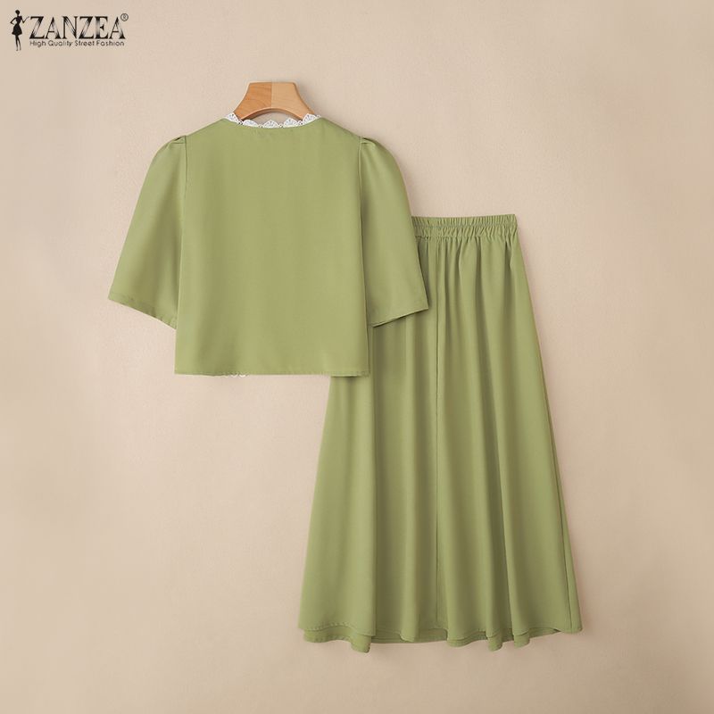 ZANZEA Damen Kurzarmbluse und Lange Röcke Sommer Zweiteilige Anzugsets