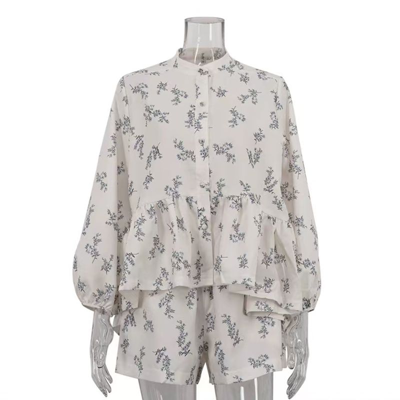 

French style Graceful Print Frill Shirts Shorts Set Printed Shirt and Shorts Set Beige S