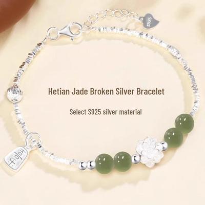 S925 Sterling Silver Lotus & Hetian Jade Bracelet - Good Luck & Luxury Niche Design 2026