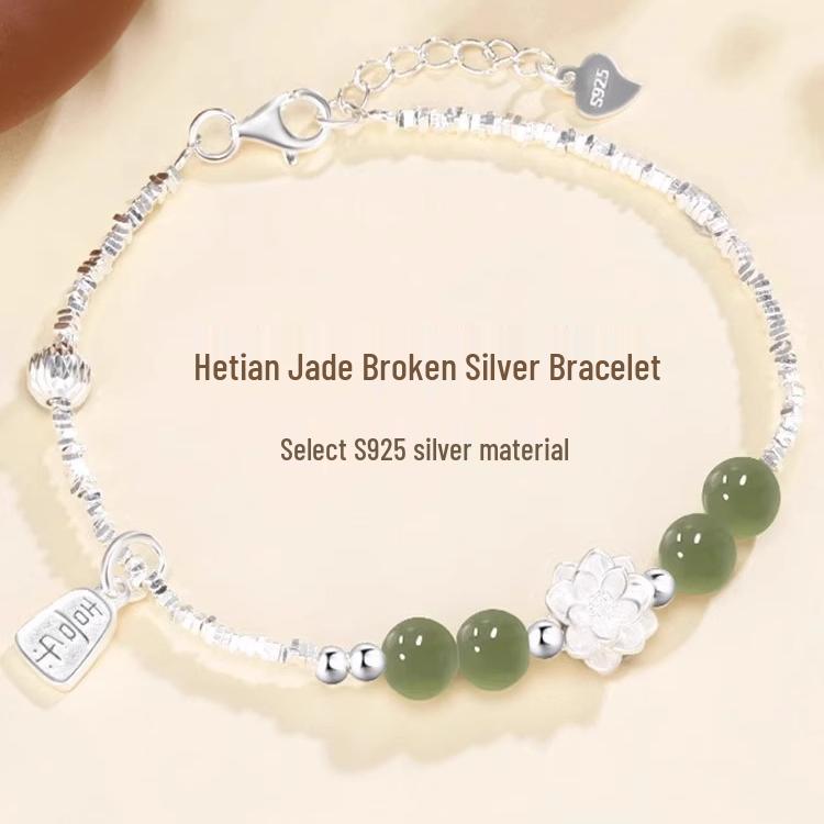 S925 Ayar Gümüş Lotus & Hetian Yeşim Bileklik - İyi Şans & Lüks Niş Tasarım 2026