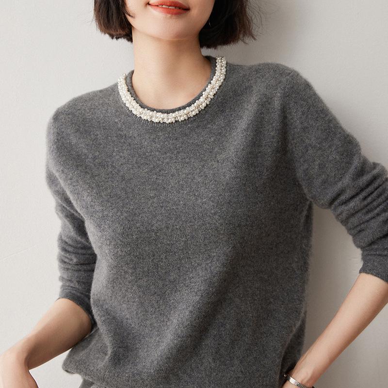 Women's Rhinestone Cashmere Sweater: Round Neck, Loose Fit, Flat Knit, Stylish Autumn/Winter Pullover