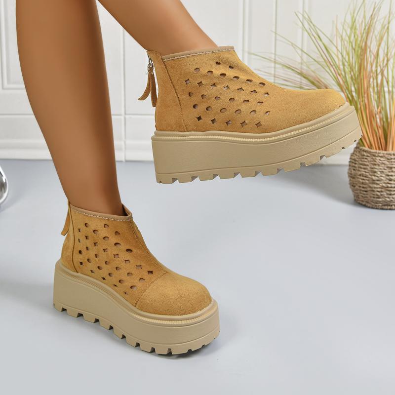 Fashion Chunky Platform Thick Bottom Ankle Boots Women 2025 Khaki Suede Back Zippers Hollow Out Summer Boots Fashion Plus Size Shoes