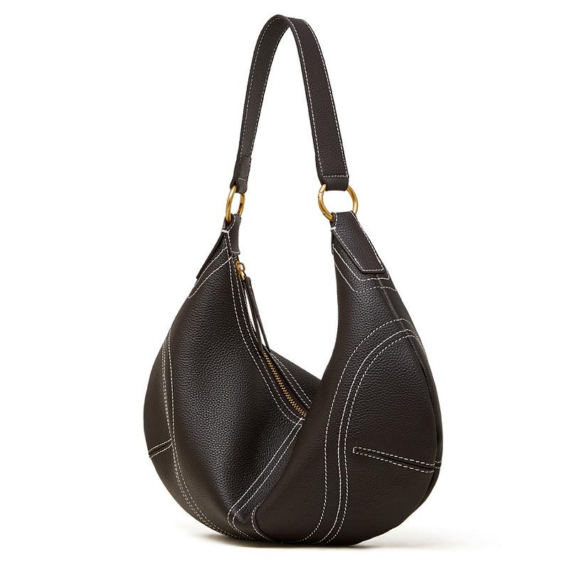

Large Capacity First Layer Cowhide Armpit Bag Genuine Leather Casual Lazy Style Dumpling Bag Handbag Fashion Casual Croissant Mouth 38 bottom 35*4**23 темно-коричневого кольору
