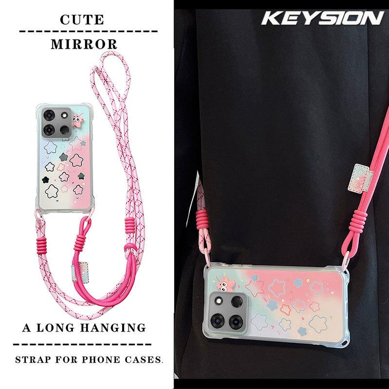 KEYSION Crossbody Strap Phone Case for TECNO Spark Go 2023 Pop 7 Pro Cute Cartoon Long Lanyard Mirror Shockproof Cover for Infinix Smart 7