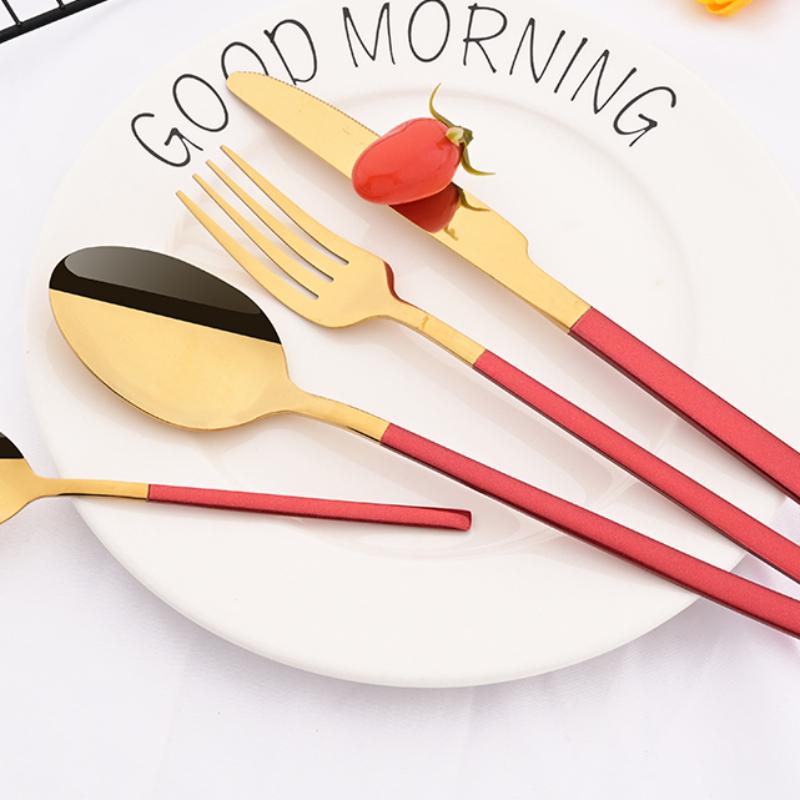 16Pcs for 4 People Pink Gold Dinnerware Set Stainless Steel Knives Forks Tea Spoons Dinner Set Family Kitchen Tableware Set