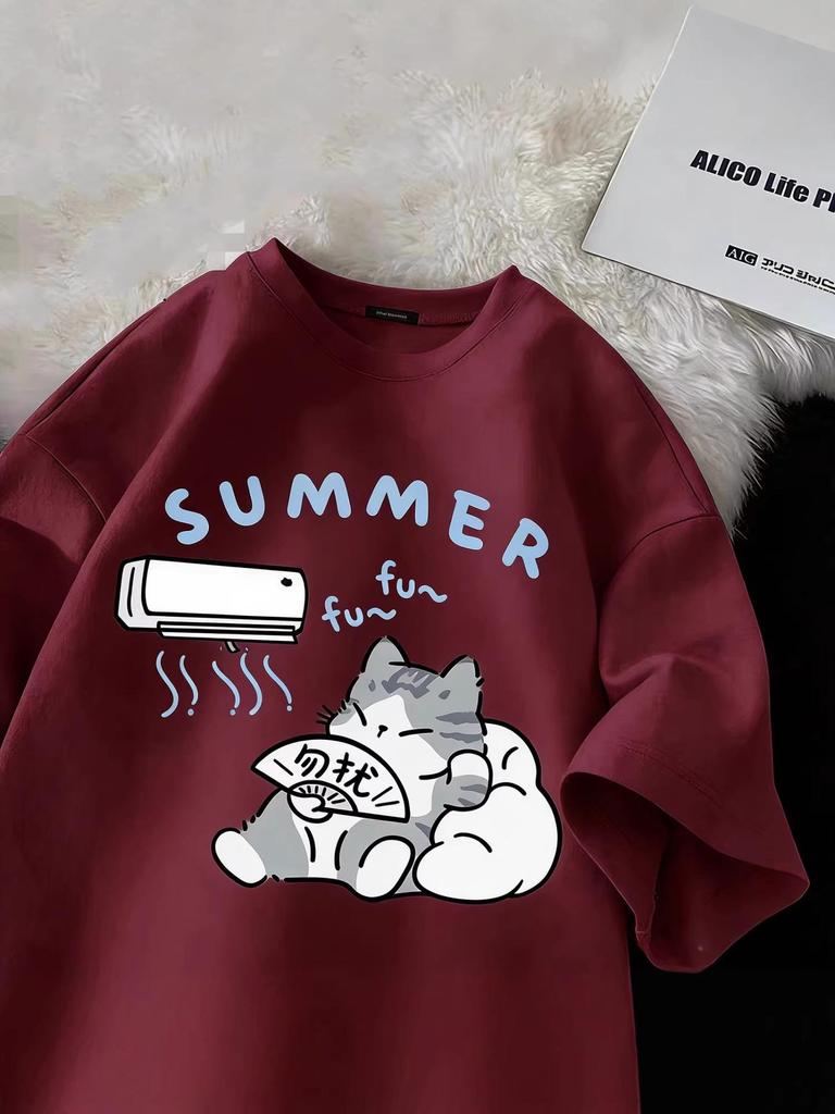 Children's Summer Cute Cat Cotton T-Shirt - Girls' Medium/Large, Boys' Trendy Brand, Short-Sleeved