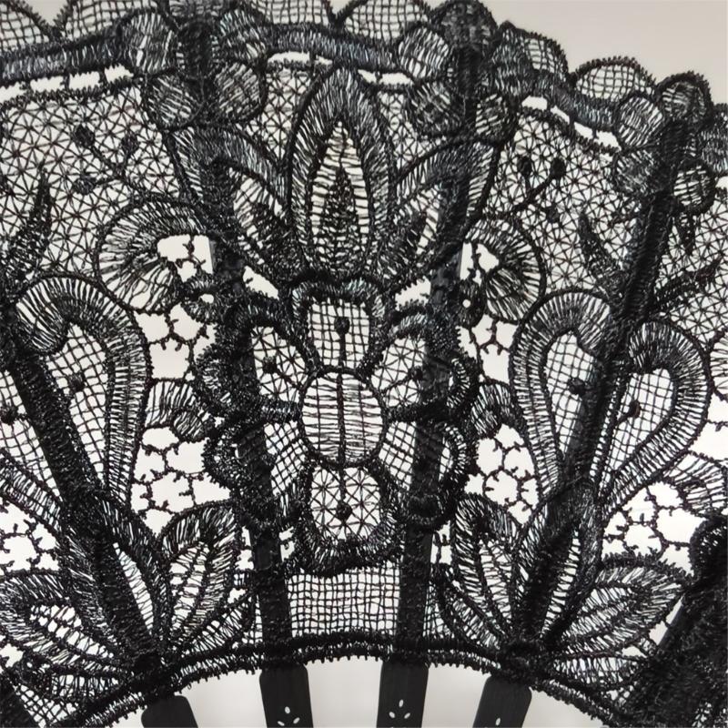 Elegant Anime Bamboo Hand Fan With Intricate Lace Detailing For Cosplay Event And Vintage Themed Parties