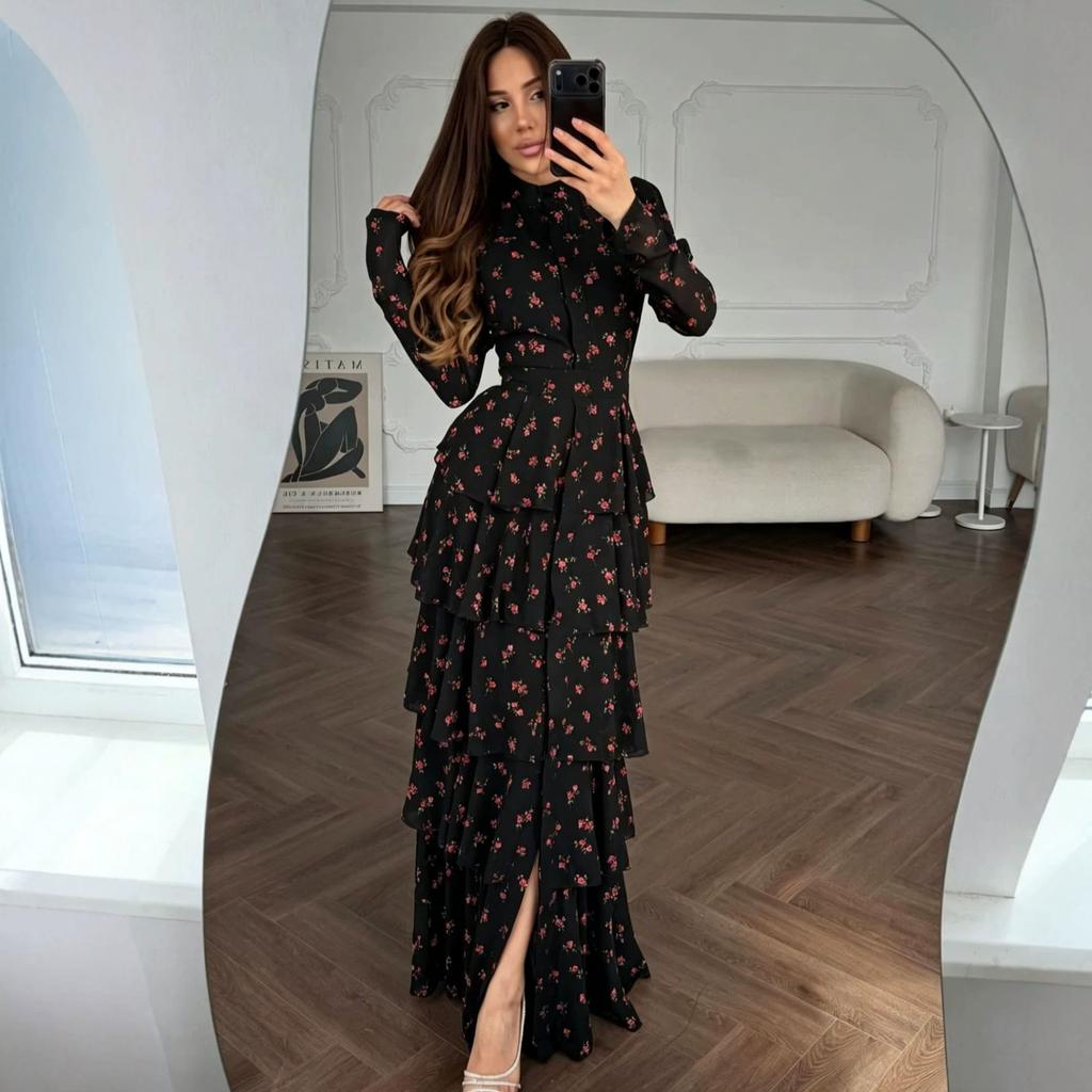Women's Spring and Autumn New Standing Neck Long Sleeve High Waist Skinny Long Dress Casual Cake Dress Split Dress
