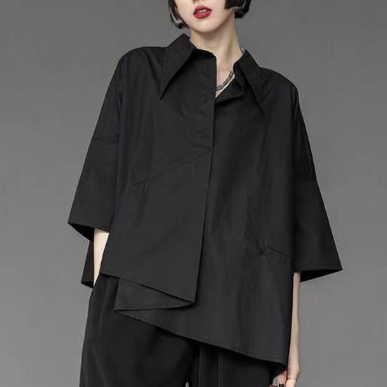 Women Men Shirt Pocket Decoration Irregular Hem Single-breasted Three Quarter Sleeves Solid Color Daily Wear Loose Lapel Summer Spring Shirt