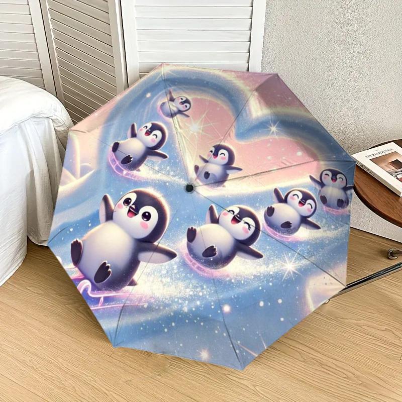 1pc Cute Penguins Heart Sky Umbrella with Plastic Handle,Suitable for All Seasons Home Travel Outdoor UmbrellaDD026