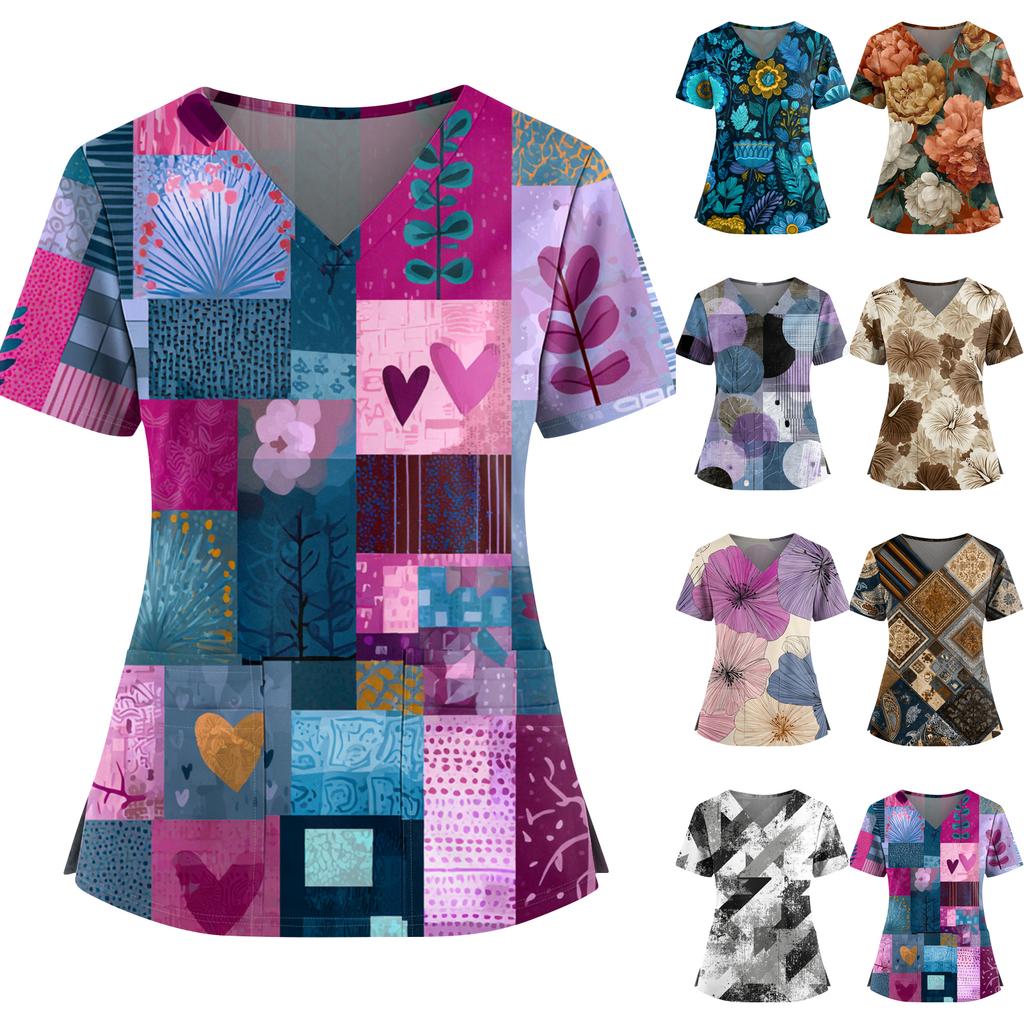 Women's Retro Printed V-Neck Double Pocket Short Sleeves Hem Slit  Uniform Caregiver Top