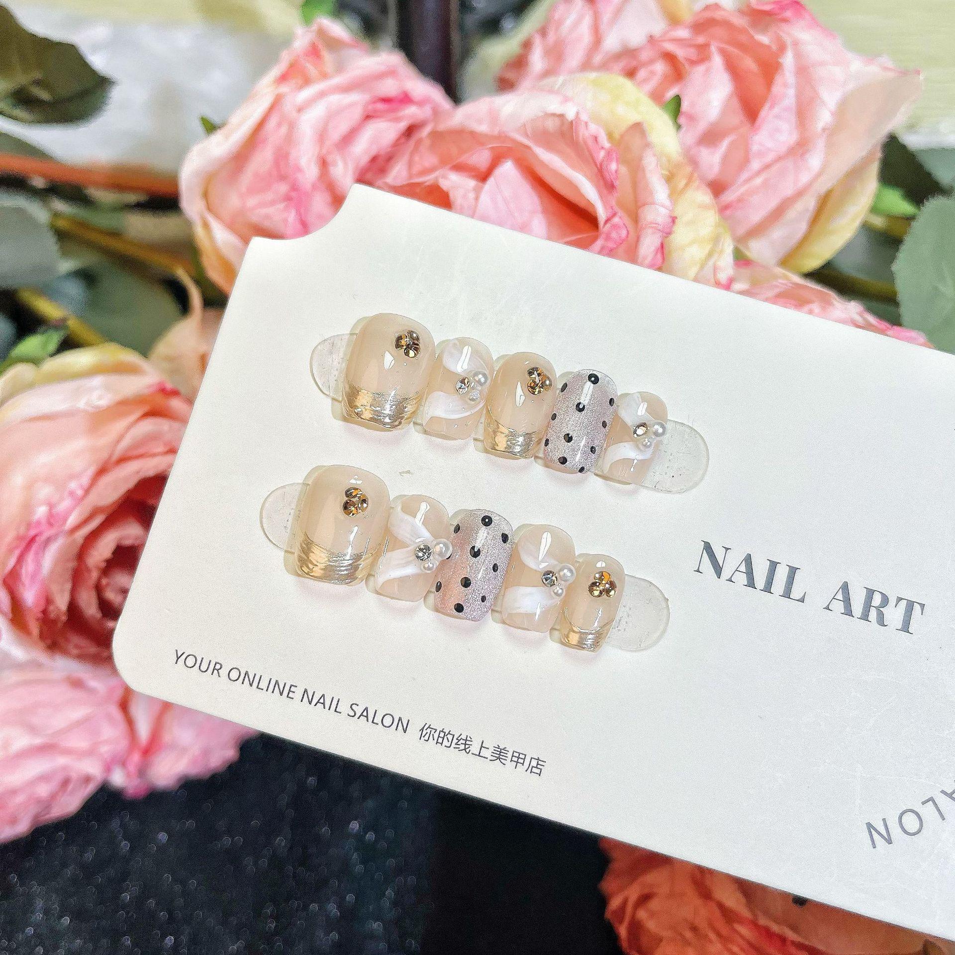 

Ручная работа, носимые ногти в горошек, волшебное зеркало, короткие ногти - французский кремовый, балетный, накладной нейл-арт Medium