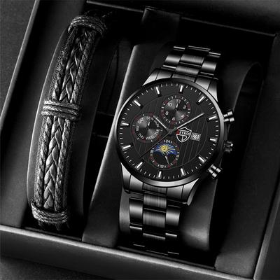 Mens Fashion Sports Wristwatch Luxury Mens Business Stainless Steel Quartz Watch Male Casual Leather Bracelet Luminous Clock